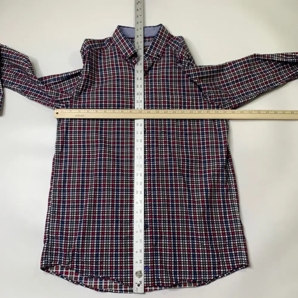 Johnston & Murphy Shirt Mens Medium Slim Flip Cuff Plaid Button Down Long Sleeve